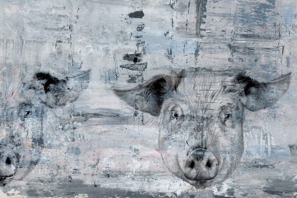 "Blue Pigs" Painting Print on Wrapped Canvas, 18"x12"