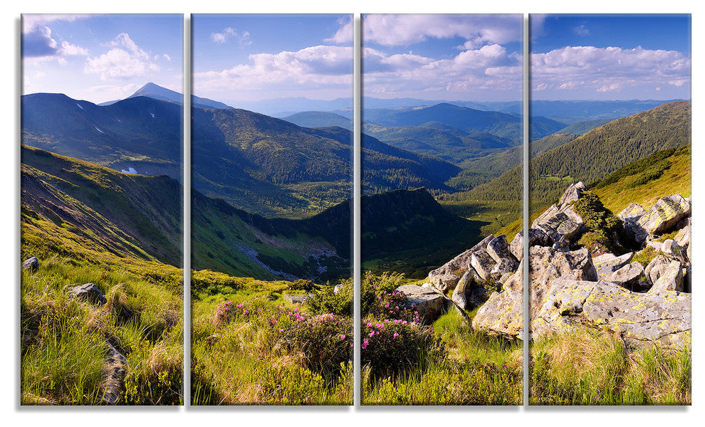 Rocky Summer Hills under Blue Sky, Landscape Canvas Art Print, 48"x28", 4 Panels