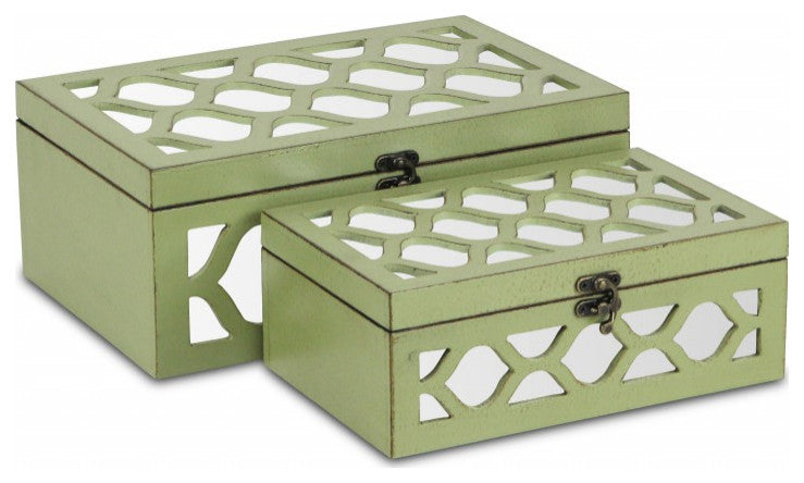 Set of Green Quatrefoil Mirror Jewelry Storage Boxes