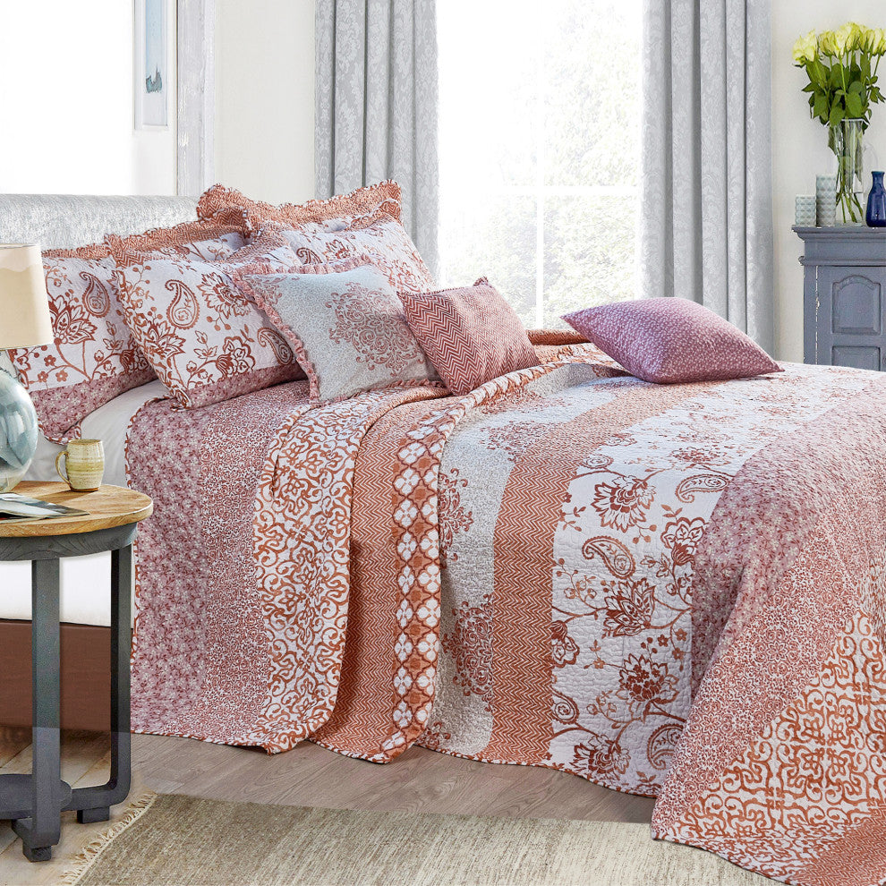 Coral Chevron 9-Piece Bed Spread Set, Coral, King, 122"x106"