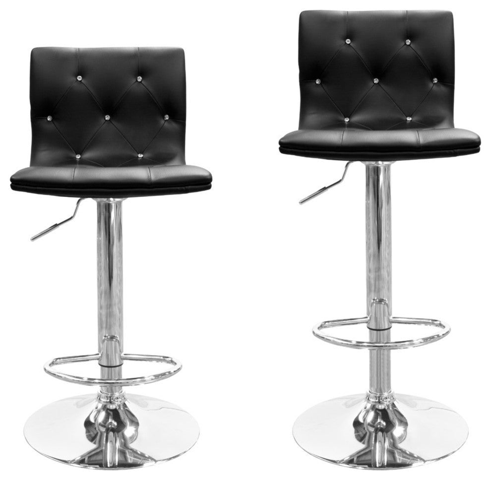 Modern Swivel Bar Stools With Crystals and Tufted Look, Set of 2, Black
