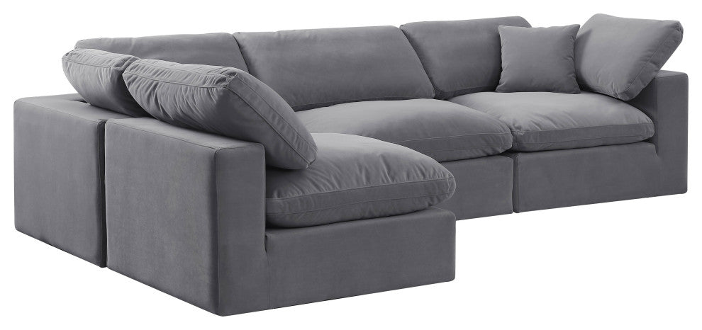 Comfy Upholstered L-Shaped Modular Sectional, Grey, 4-Piece: 2 Armless Chair, 2 Corner Chair, Velvet