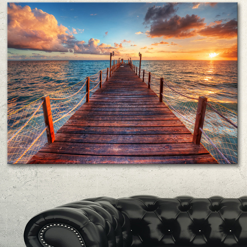 Sunset over Wooden Sea Pier, Modern Canvas Art Print, 60"x28"