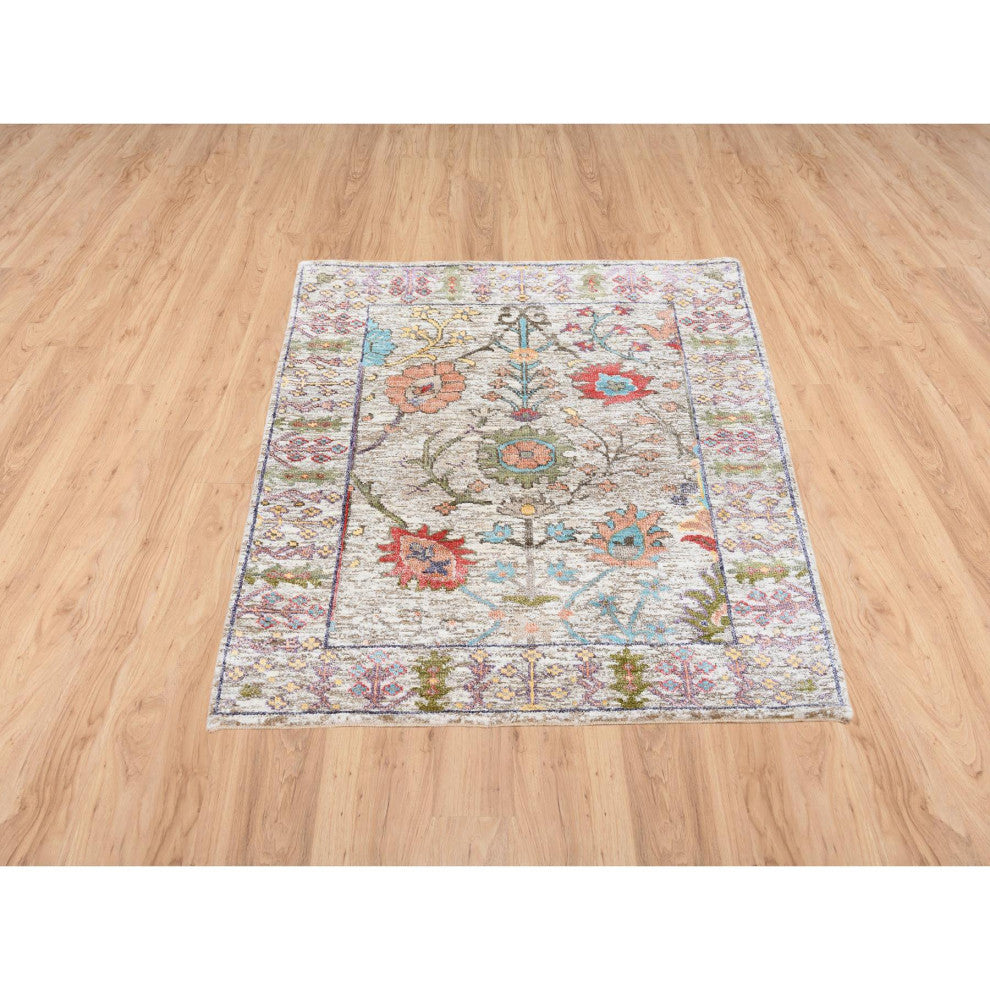 Beige, Silk With Textured Wool, Hand Knotted, Oriental, Mat, Rug, 2'2" x 3'1"