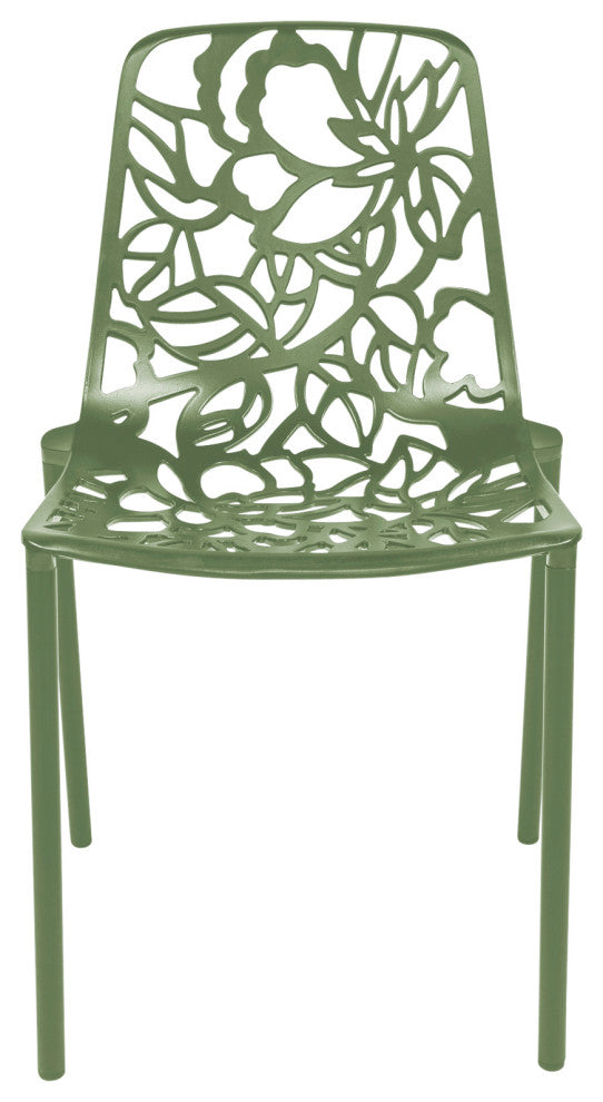 LeisureMod Devon Modern Outdoor Stackable Aluminum Dining Chair, Set of 2, Khaki Green
