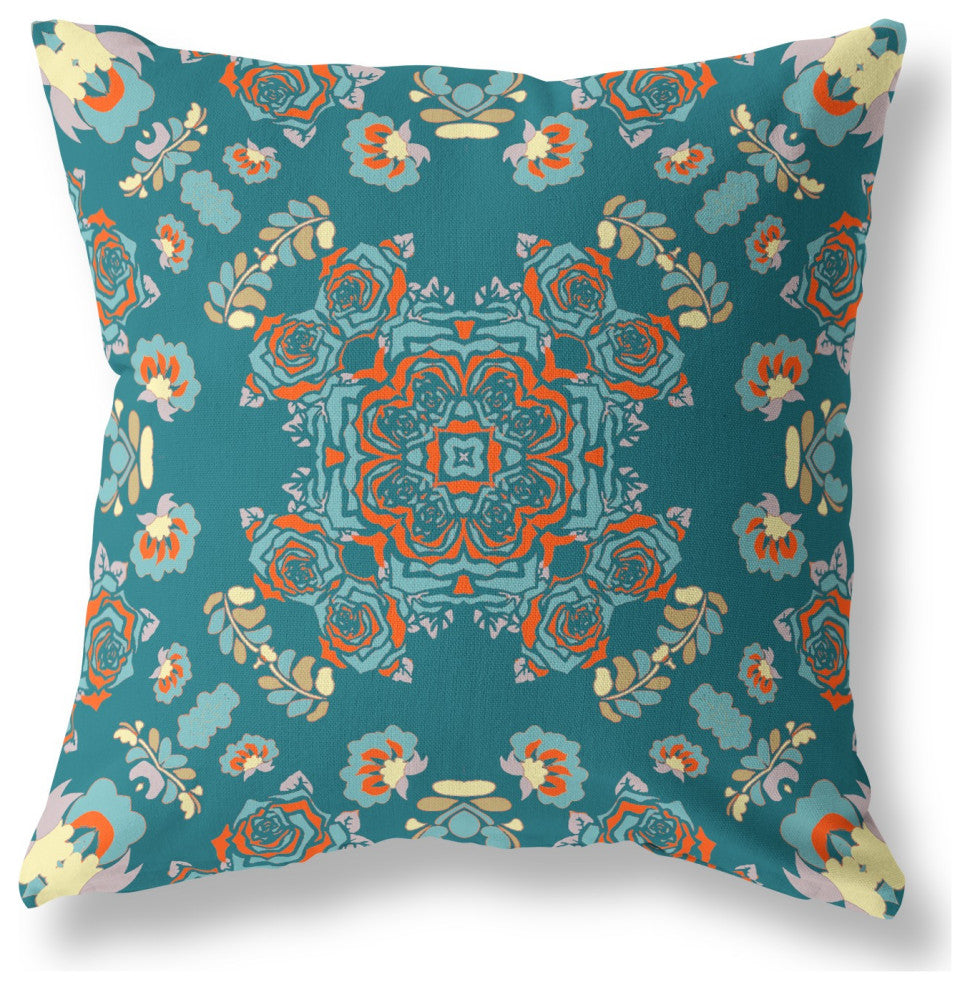 20" Teal Orange Wreath Indoor Outdoor Zippered Throw Pillow