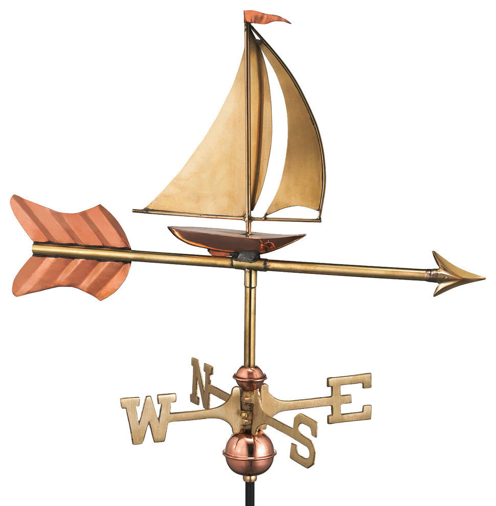 Polished Copper Sailboat Weathervane, Garden Pole