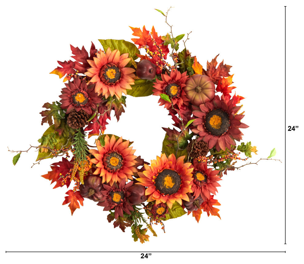 24" Autumn Sunflower, Pumpkin, Pinecone and Berries Fall Artificial Wreath