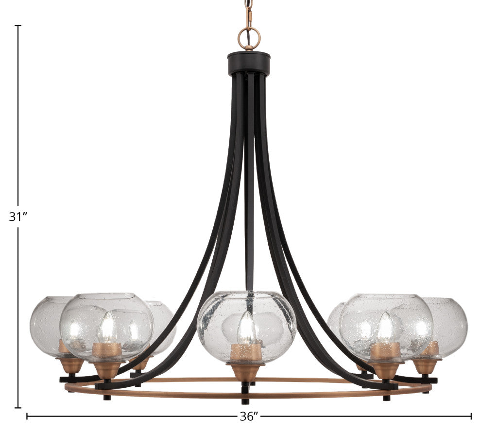 Paramount 8-Light Chandelier, Matte Black & Brass, 7" Clear Bubble Glass