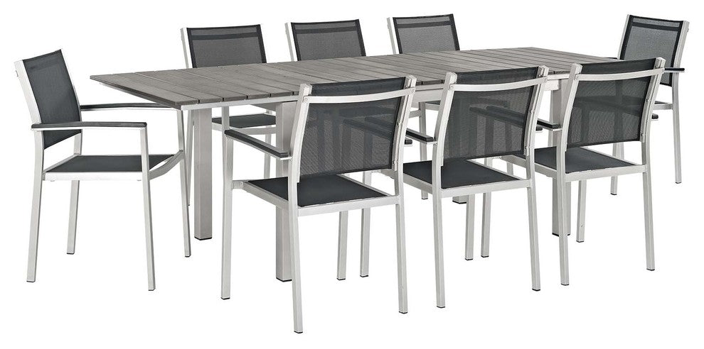 Silver Black Shore 9 Piece Outdoor Patio Aluminum Outdoor Dining Set