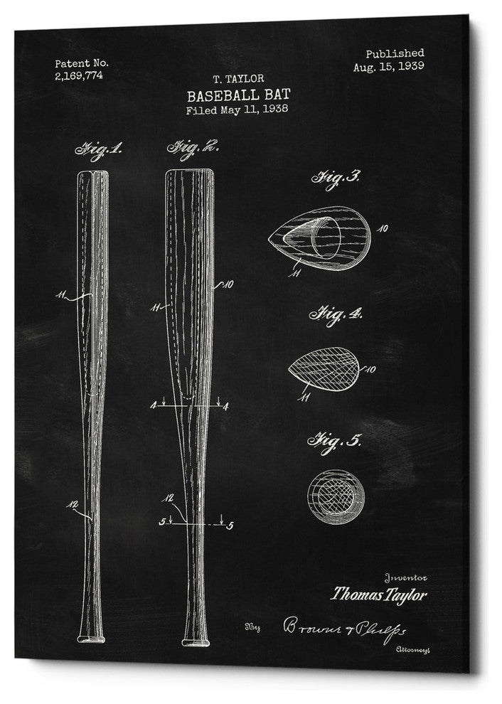 Epic Graffiti "Baseball Bat Blueprint Patent Chalkboard" Giclee Canvas, 18"x26"