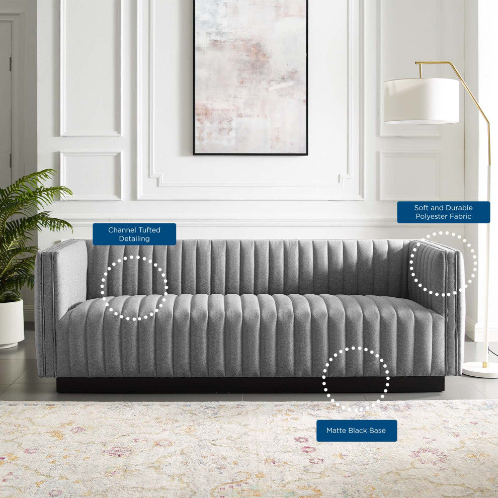 Tufted Sofa, Fabric, Gray, Modern, Living Lounge Hotel Lobby Hospitality