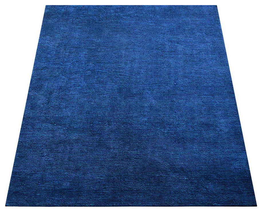 HAND KNOTTED LOOM SILK ECO-FRIENDLY AREA RUGS-Dark Blue Color,Solid Design, [Rectangle] 6'x9'