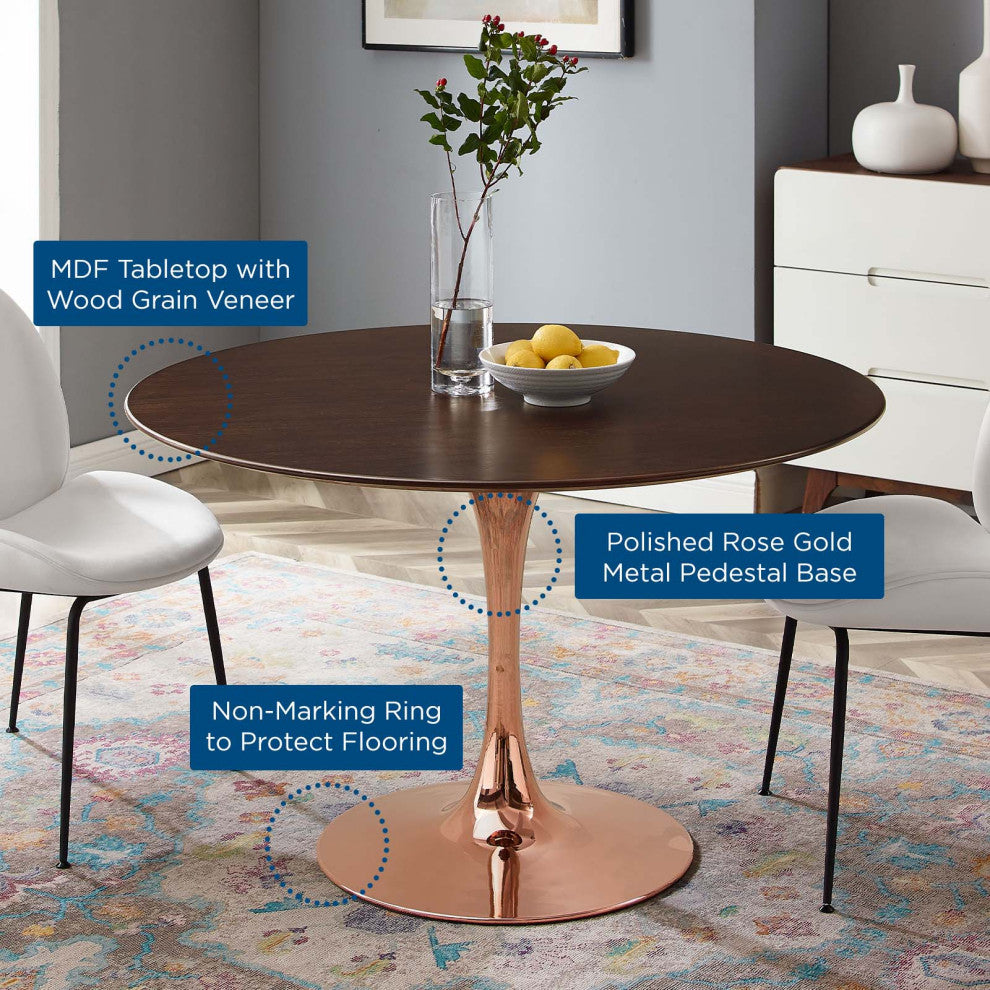 Dining Table, Round, Wood, Rose Gold Dark Brown Brown Walnut, Modern, Bistro