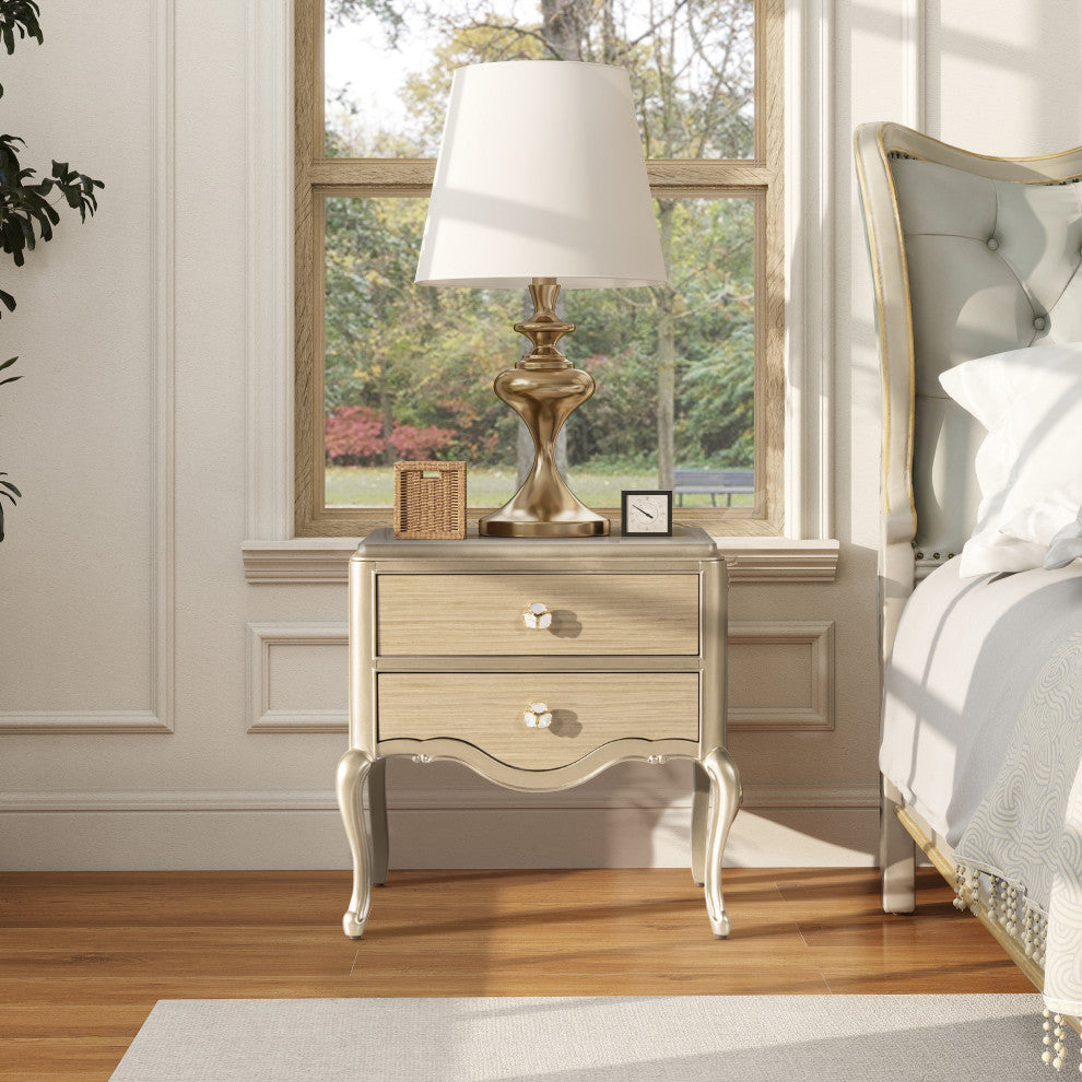 Helena 25" 2-Drawer Gold Accent Solid Wood Storage Side Table, Natural Brown