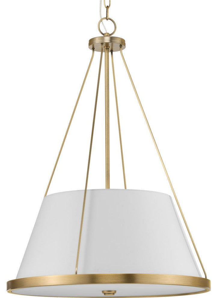 Saffert Collection Three-Light Vintage Brass White Linen Glass Pendant Light