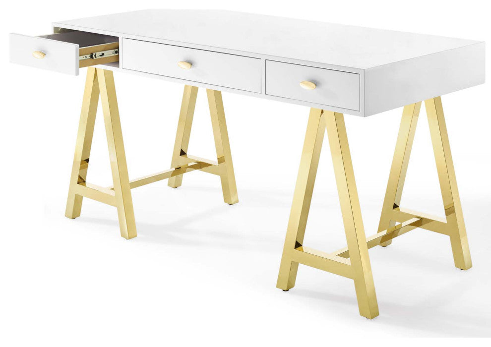 Computer Work Desk Entry Table, Wood, Metal, Gold White, Home Business Office