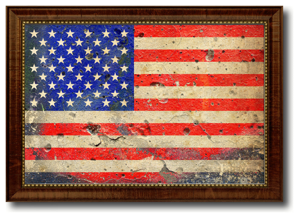 America Vintage Flag Print With Brown Gold Frame, 15"X21"