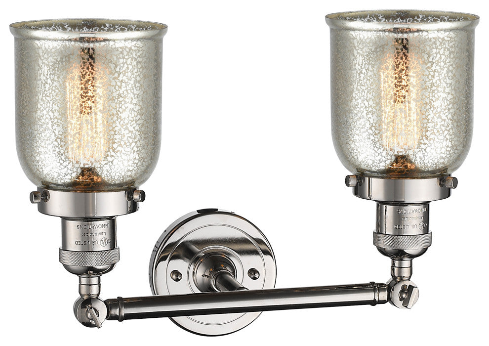 2-Light Small Bell 16" Bath Fixture, Polished Nickel, Glass: Silver Mercury