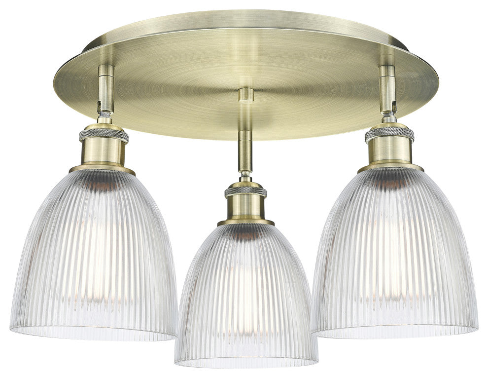 Castile-3 Light 18" Flush Mount-Antique Brass, Clear Glass Shade