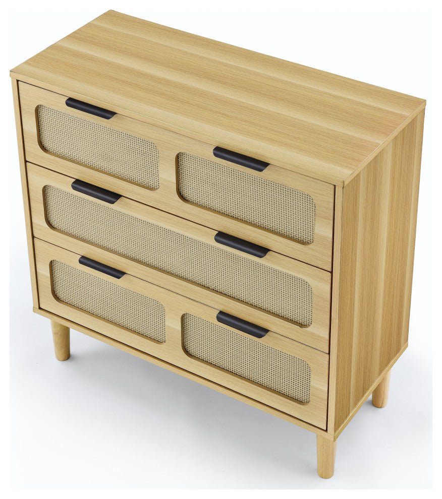 TATEUS 3 drawer dresser, modern rattan dresser cabinet, Natural