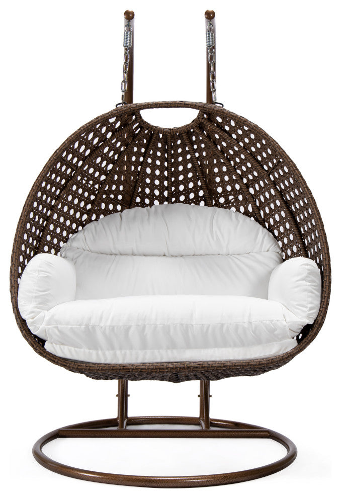 LeisureMod Mendoza Dark Brown Wicker Hanging Double Egg Swing Chair, White