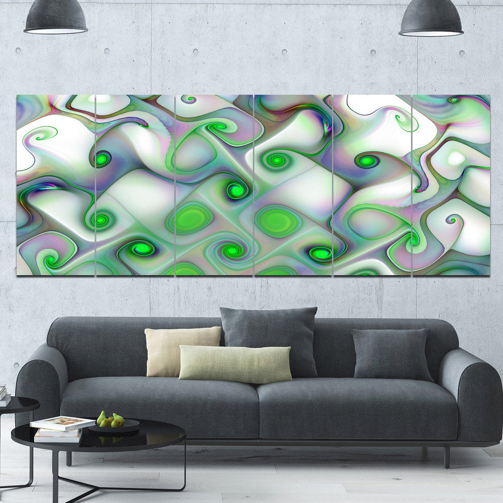 White Green Pattern with Swirls, Abstract Wall Art Canvas, 70"x28", 6 Panels