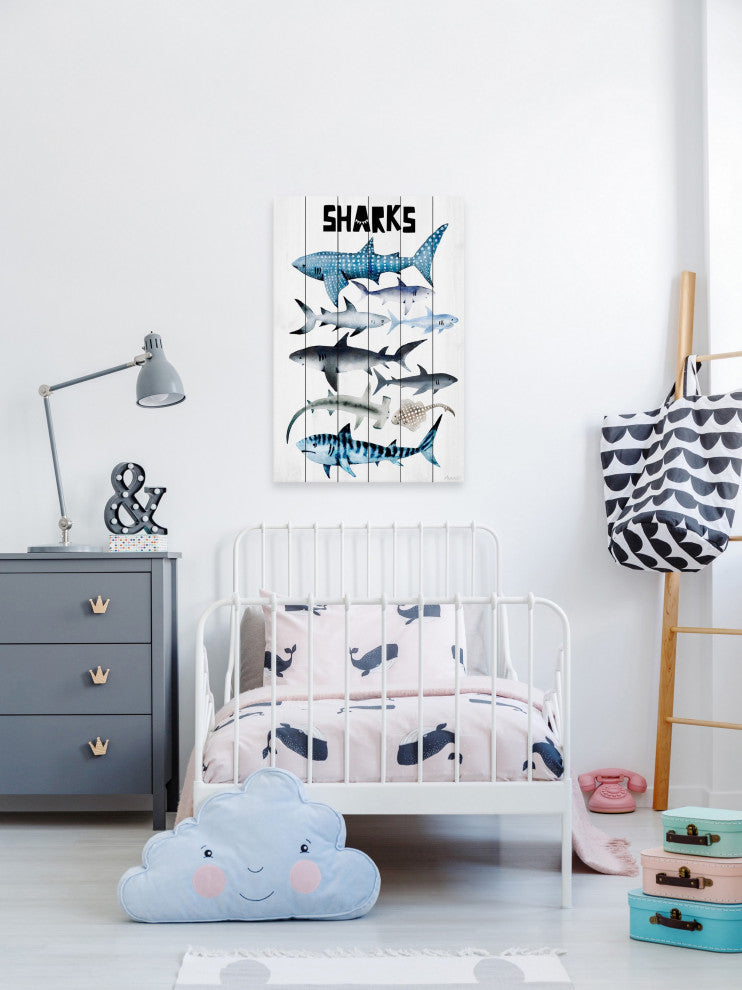 "Sharks" Painting Print on White Wood, 30x45