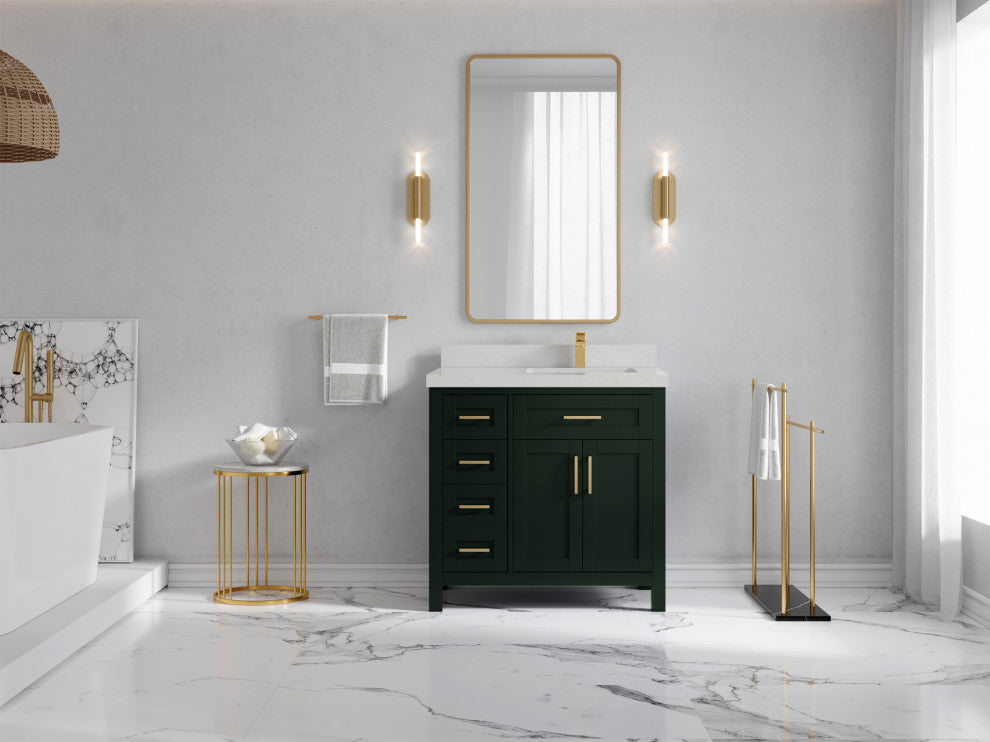 Cambridge 36 Right Offset Bath Vanity in Dark Forest Green 2" Carrara Quartz