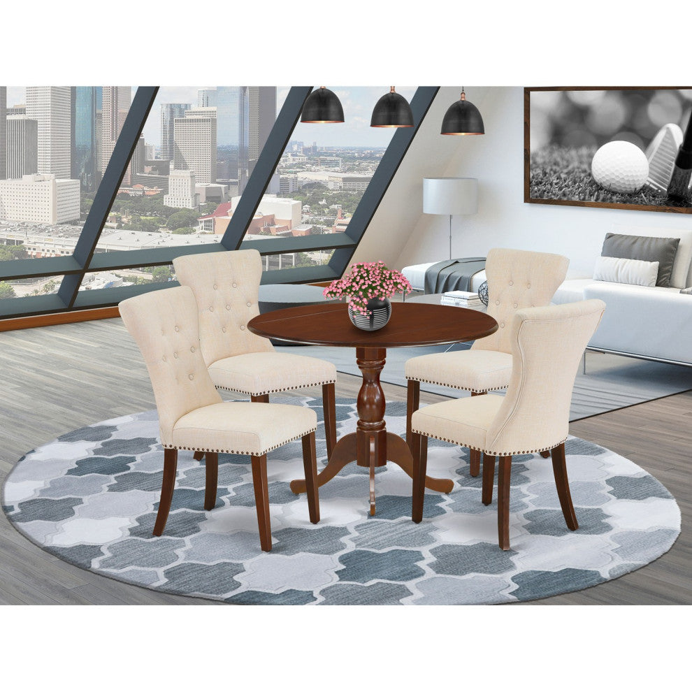 5Pc Kitchen Set, Mahogany Small Kitchen Table, 4 Light Tan Chairs