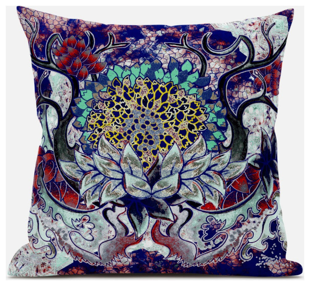 20" Blue Cyan Flower Bloom Suede Throw Pillow