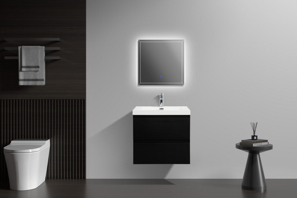 Aurora Wall Mount Vanity, White Acrylic Top, Matte Midnight Black, 24"