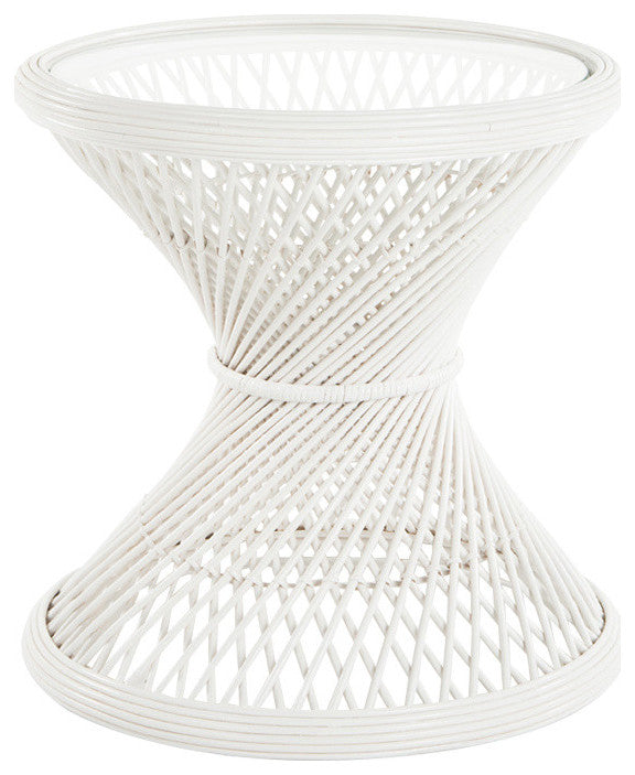 Peacock Rattan Side Table With Glass Top, White