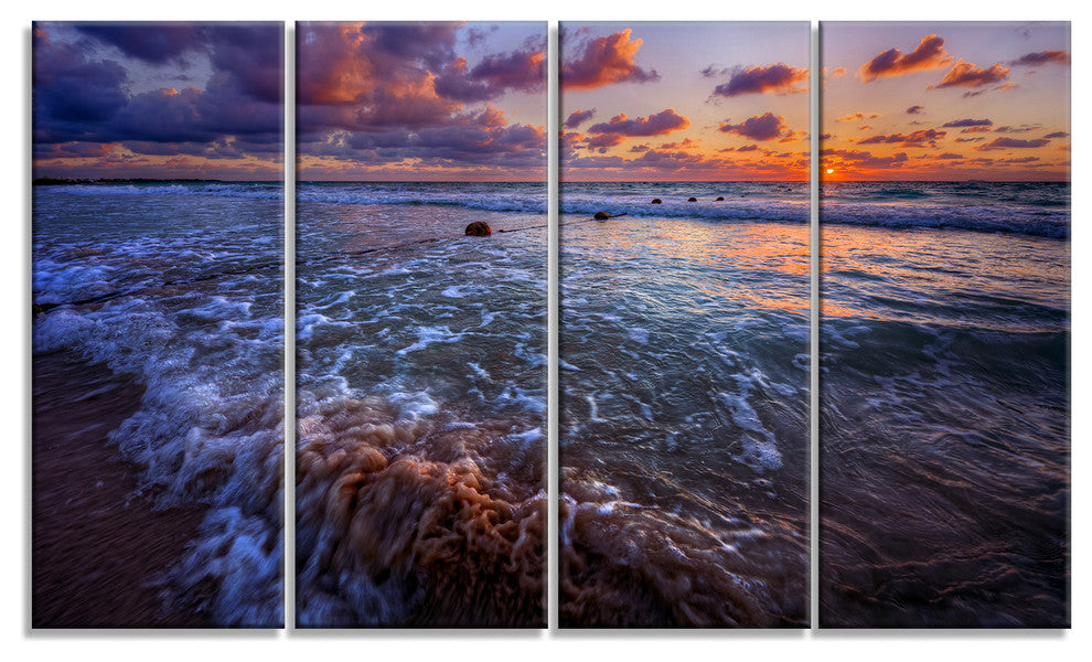 Cloudy Sky and Stormy Waves, Seashore Canvas Art Print, 48"x28", 4 Panels