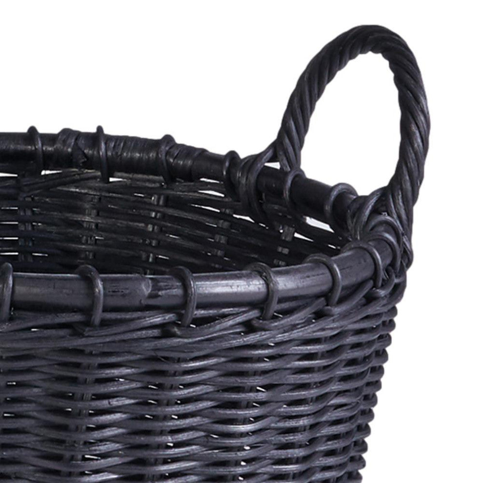 Set of 2 Large Black Rattan Storage Baskets Round Planter Cachepot 21 18 in