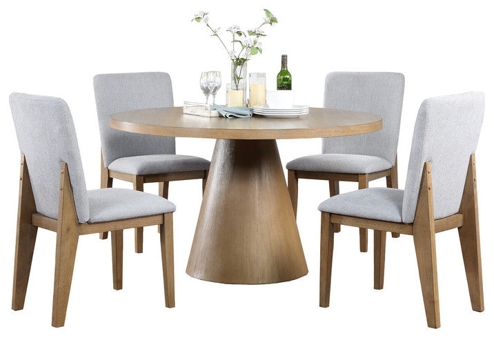 Delphine 5-Piece Round Oak Finish Dining Table Set With Gray Chairs