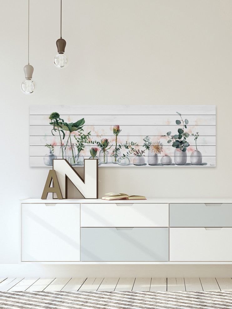 "White Vases" Painting Print on White Wood, 60"x20"