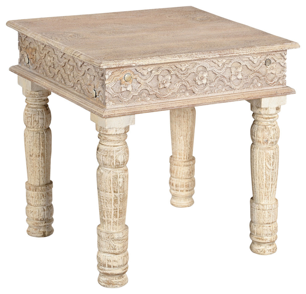 Wiley Carved Edge End Table, White, Mango Wood