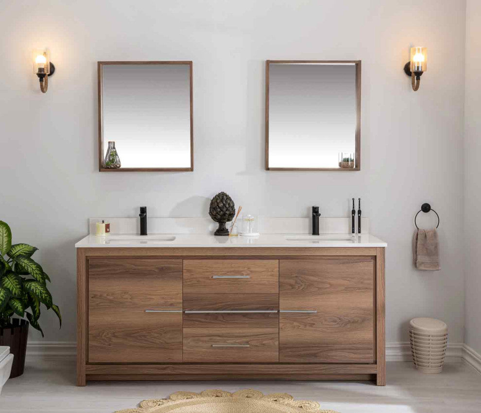 Mila Collection 72" Bathroom Vanity With Sink, Mirror, Countertop, Walnut Brown