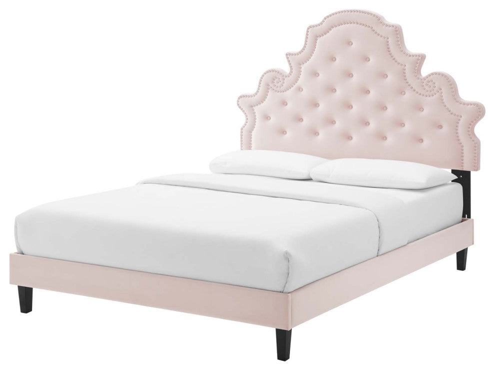 Tufted Platform Bed Frame, King Size, Velvet, Pink, Modern Contemporary, Bedroom