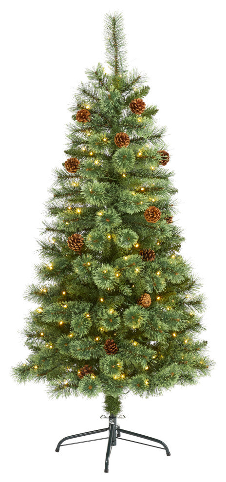 5' White Mountain Pine Faux Xmas Tree With 200 Clear LED Lights and Pine Cones