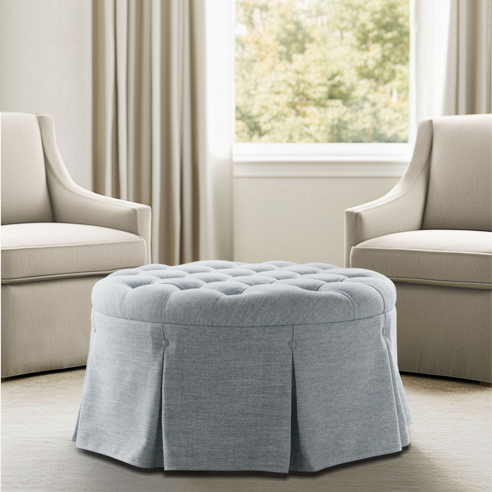 Martha Stewart Terri Skirted Tufted 32" Round Ottoman, Light Blue