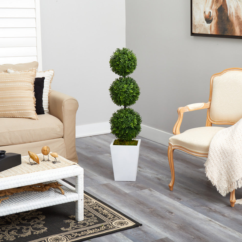46" Boxwood Triple Ball Topiary Faux Tree, White Metal Planter, Indoor/Outdoor