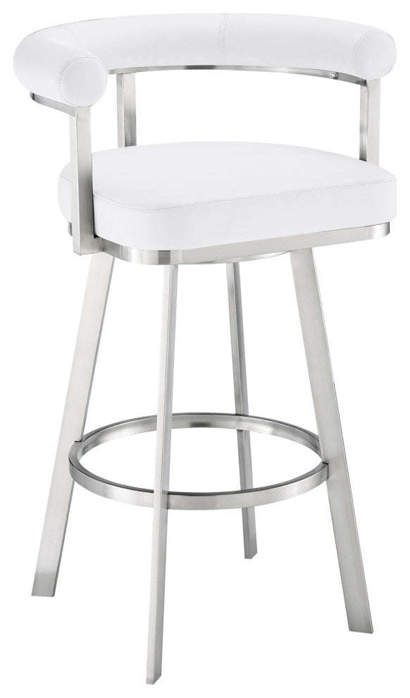 Nolagam Swivel Bar Stool, Brushed Stainless Steel With White Faux Leather