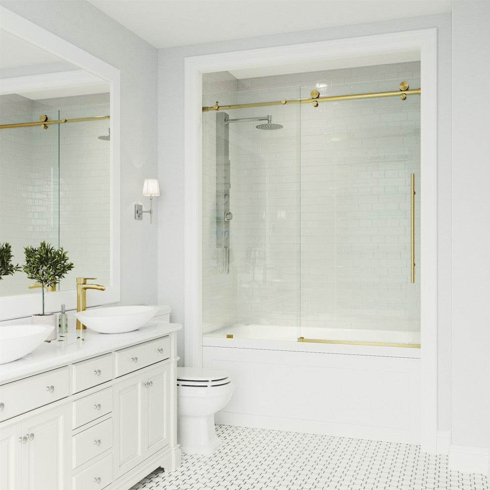 VIGO Elan E-Class 56" to 60" W x 66" H Frameless Sliding Tub Door, Matte Gold, Clear Glass