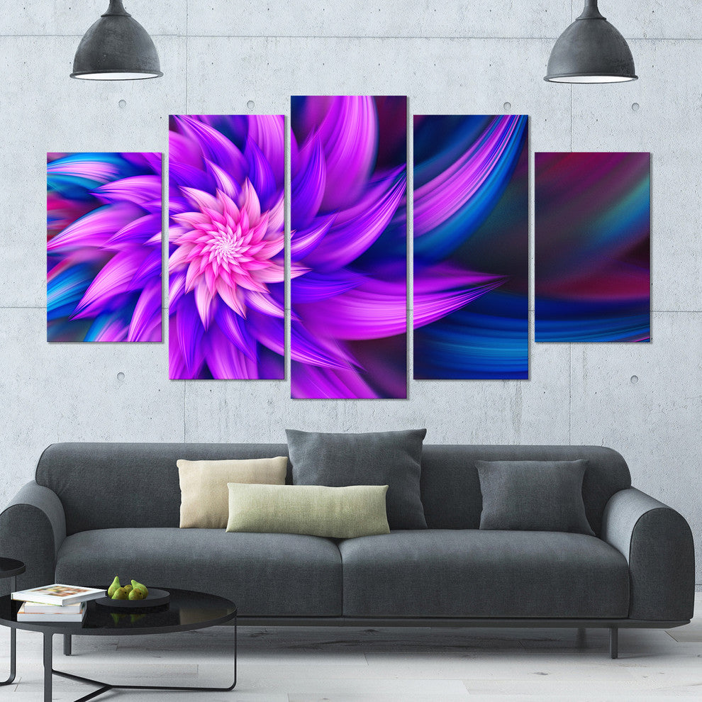 Huge Purple Fractal Flower, Large Floral Canvas Art Print, 60"x32", 5 Panels