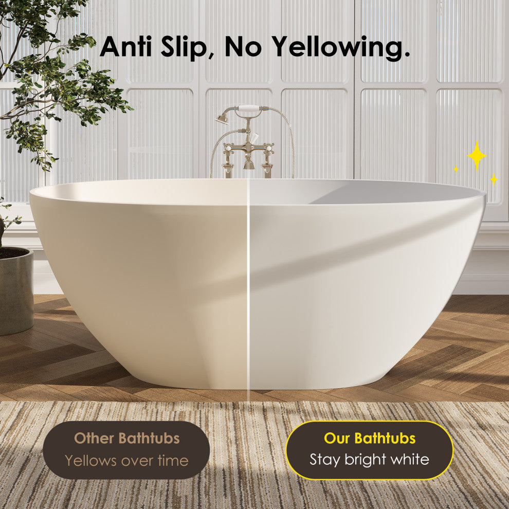 Euston Flatbottom Freestanding Solid Surface Soaking Bathtub, Matte White, 55inch