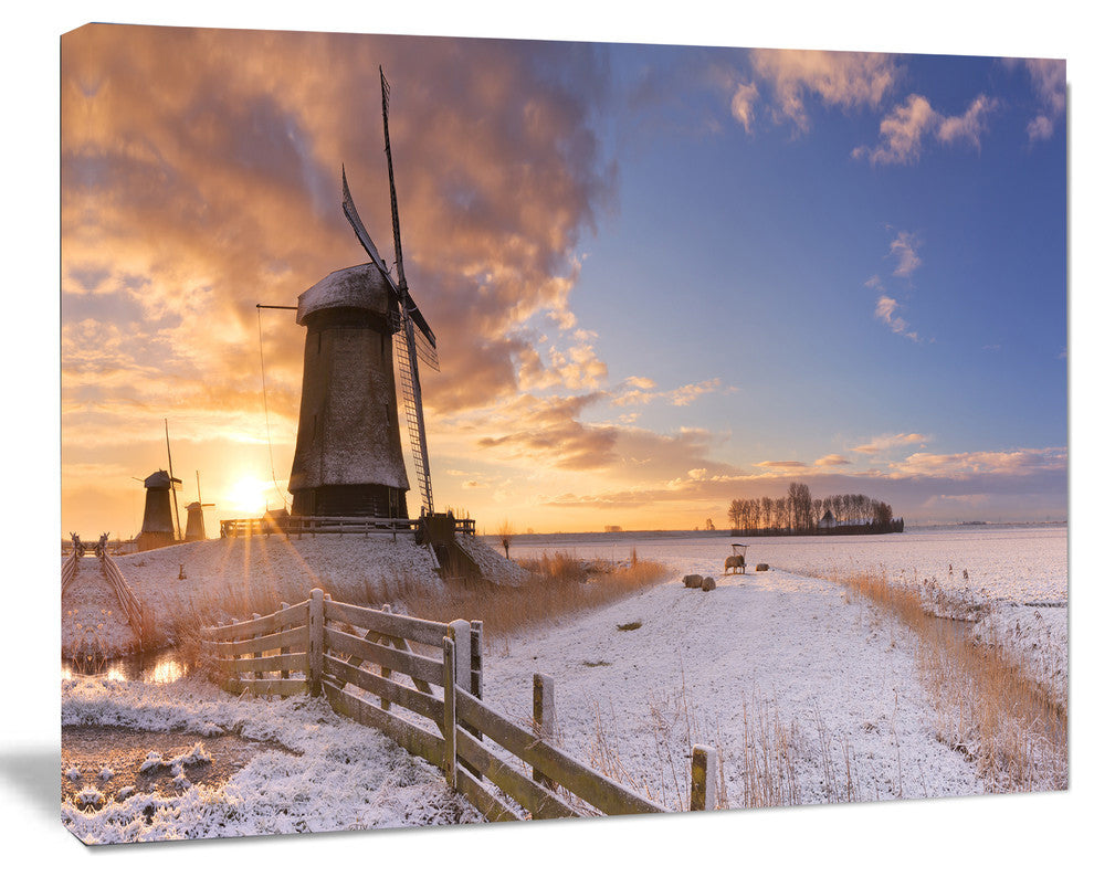 Dutch Windmills at Sunrise, Abstract Canvas Art Print, 40x30