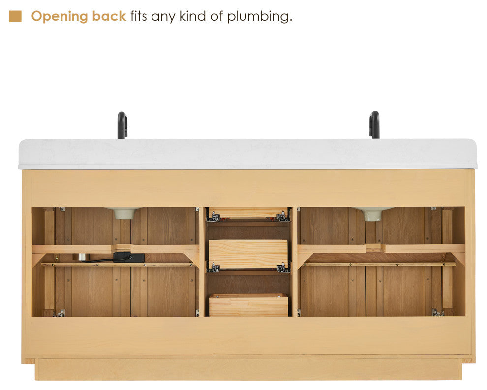 Clayton Bathroom Vanity, Washed Light Brown, 72", No Mirror