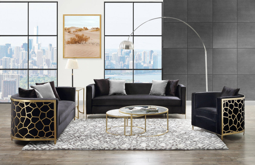 Acme Fergal Chair With Pillow Black Velvet and Gold Finish